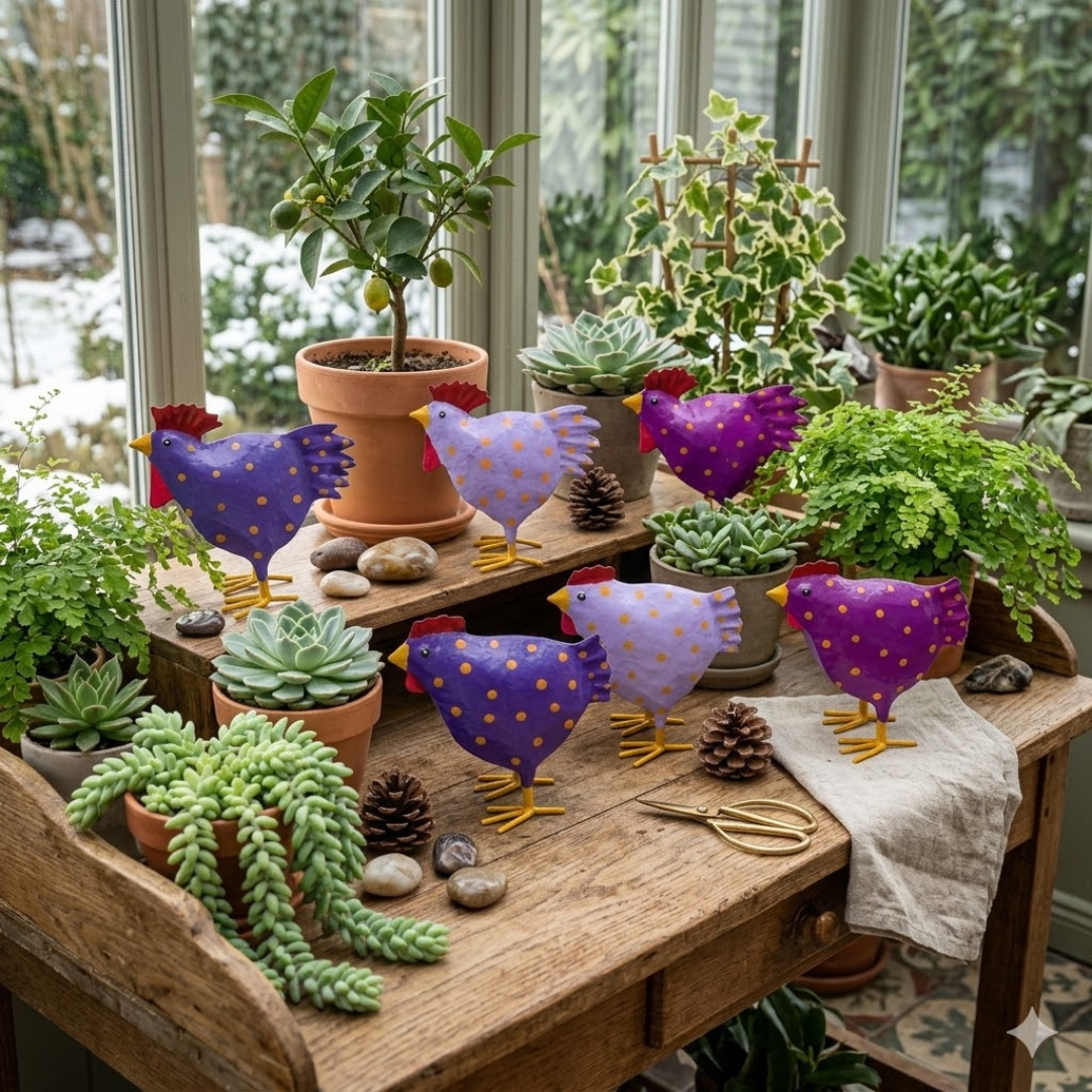 Metallhühner 3er Set in Lila, Violett & Beerenfarben – dekorative Hühnerfiguren