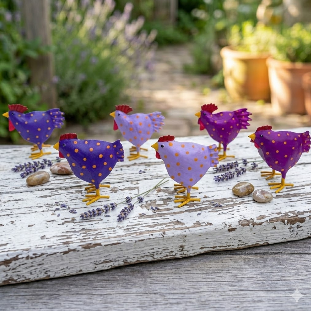 Metallhühner 3er Set in Lila, Violett & Beerenfarben – dekorative Hühnerfiguren