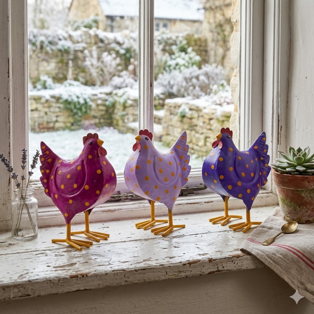 Metallhühner 3er Set in Lila, Violett & Beerenfarben – dekorative Hühnerfiguren