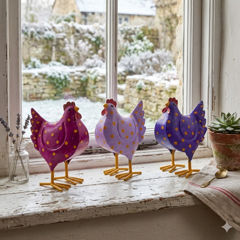 Metallhühner 3er Set in Lila, Violett & Beerenfarben – dekorative Hühnerfiguren