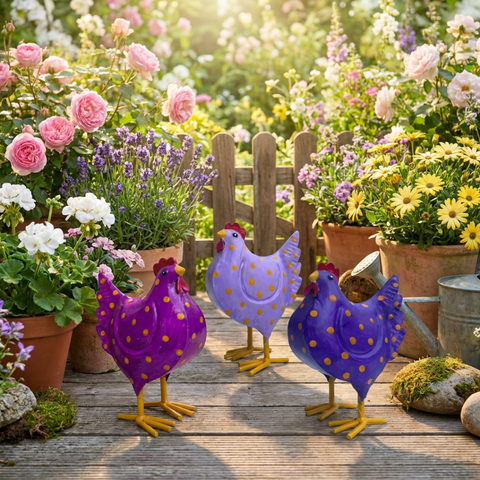 Metallhühner 3er Set in Lila, Violett & Beerenfarben – dekorative Hühnerfiguren