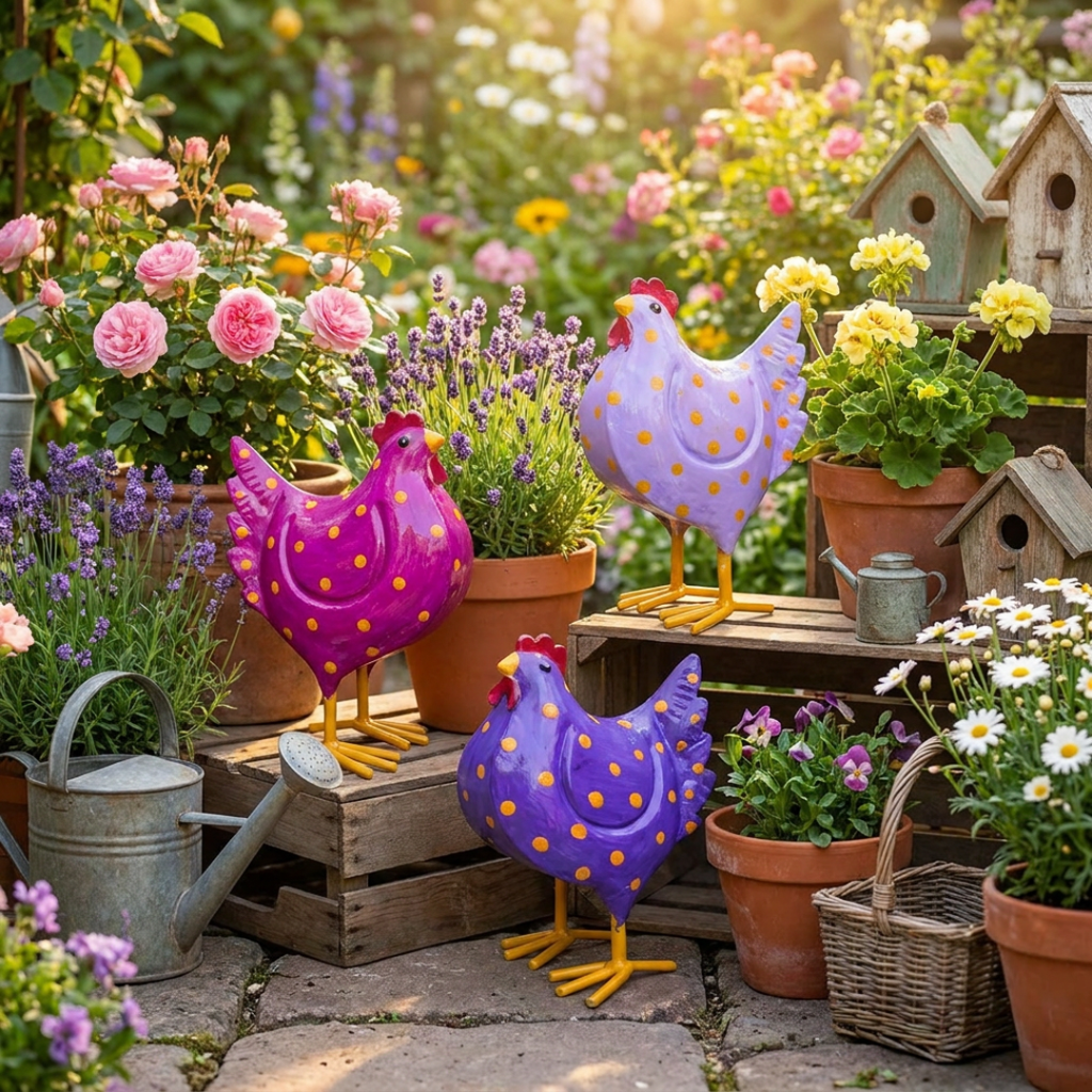 Metallhühner 3er Set in Lila, Violett & Beerenfarben – dekorative Hühnerfiguren