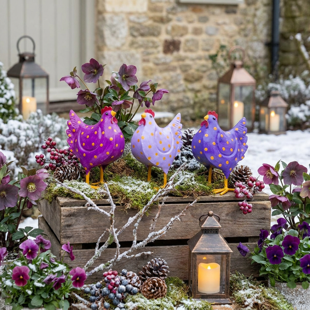 Metallhühner 3er Set in Lila, Violett & Beerenfarben – dekorative Hühnerfiguren