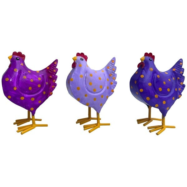 Metallhühner 3er Set in Lila, Violett & Beerenfarben – dekorative Hühnerfiguren