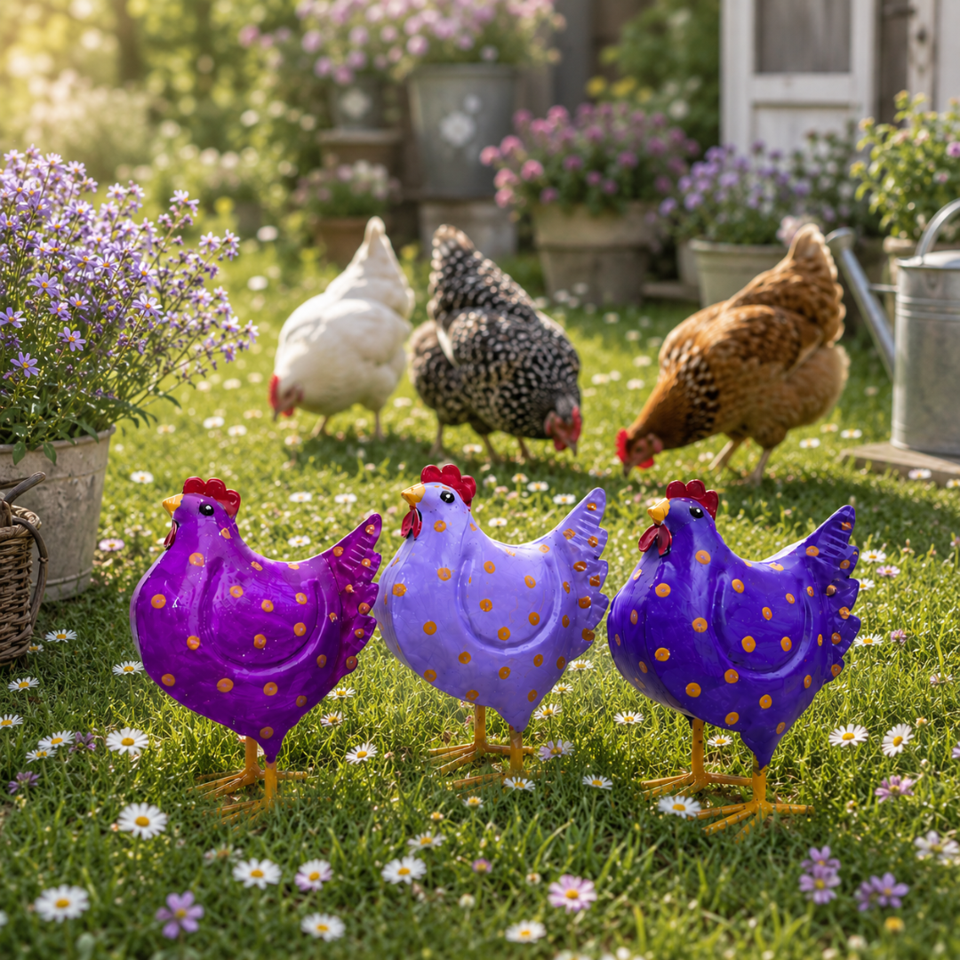 Metallhühner 3er Set in Lila, Violett & Beerenfarben – dekorative Hühnerfiguren
