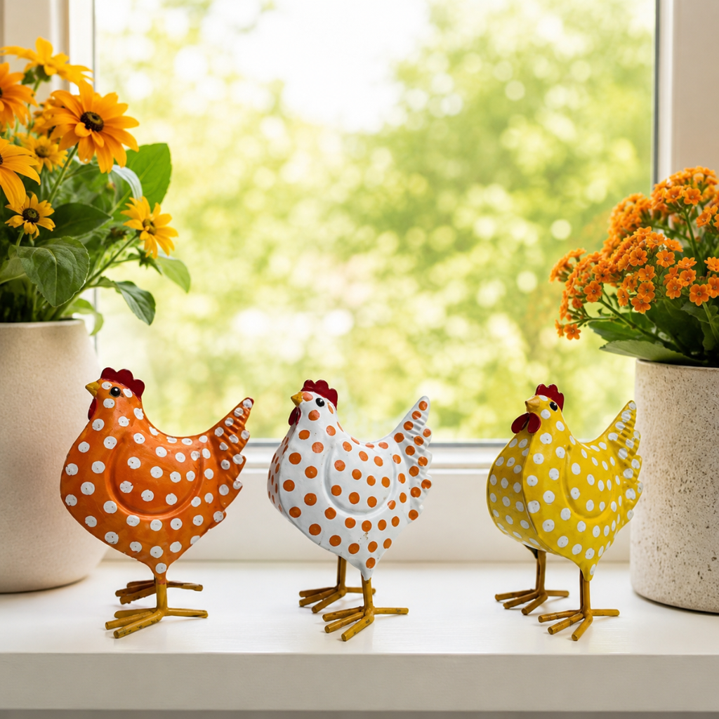 Metallhühner 3er Set Orange, Weiß & Gelb - dekorative Hühnerfiguren