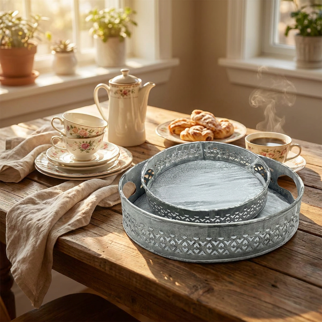 Tablett-Set 2-teilig Grau – dekorative Metalltabletts im Vintage-Look