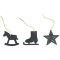 XMAS Weihnachtsanhänger 3-er SET schwarz aus Holz Stern, Schlittschuh, Schaukelpferd