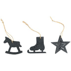 XMAS Weihnachtsanhänger 3-er SET schwarz aus Holz Stern, Schlittschuh, Schaukelpferd