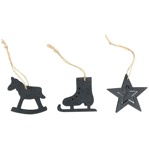 XMAS Weihnachtsanhänger 3-er SET schwarz aus Holz Stern, Schlittschuh, Schaukelpferd