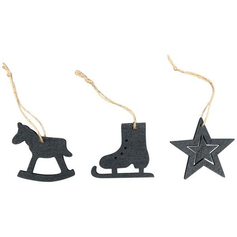 XMAS 3-er SET Anhänger Bloom schwarz aus Holz Stern, Schlittschuh, Schaukelpferd