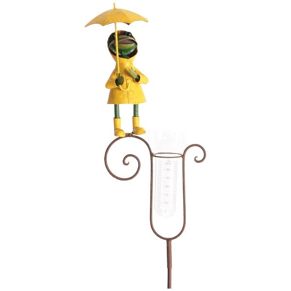 Regenmesser Frosch aus Metall Gartenstecker mit Glas Messzylinder