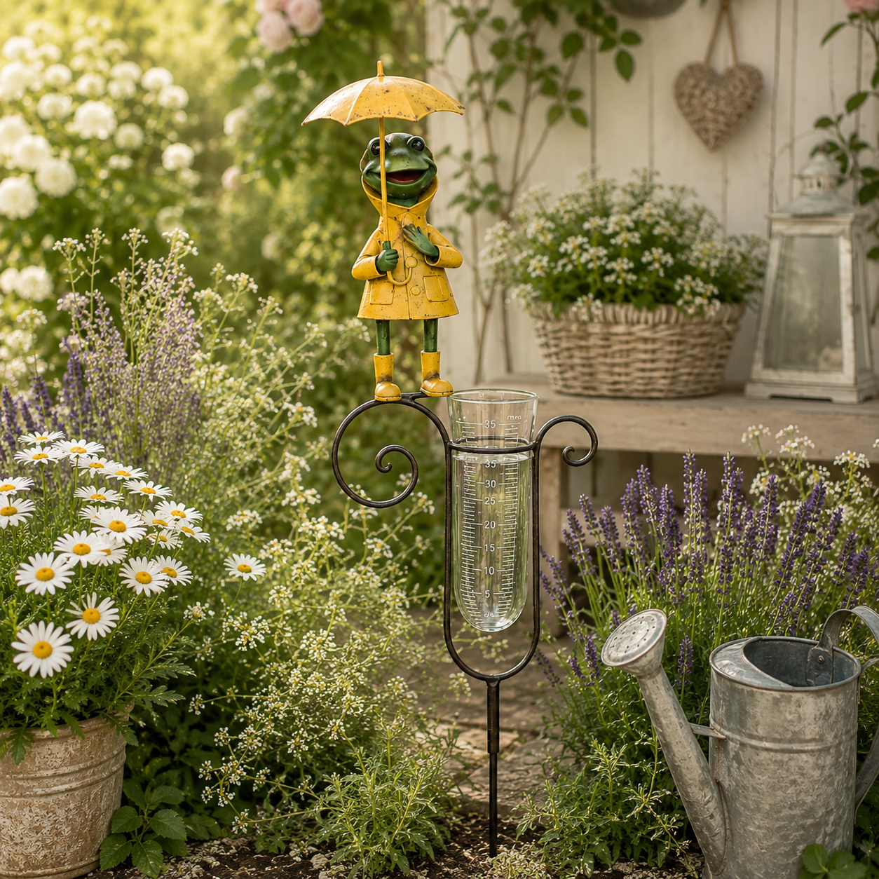 Regenmesser Frosch aus Metall Gartenstecker mit Glas Messzylinder