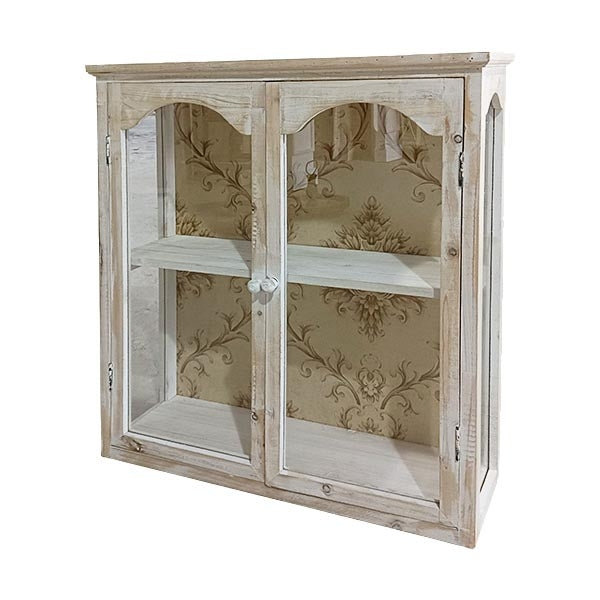 Wandschrank Landhausstil aus Holz – Cremefarben mit Glastüren – ca. 58,5x18x71 cm
