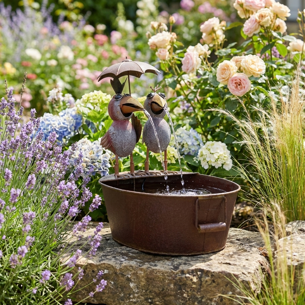 Wasserspeier Vogelpaar mit Schirm & Pumpe – Metallbrunnen mit Wanne 47,5 cm