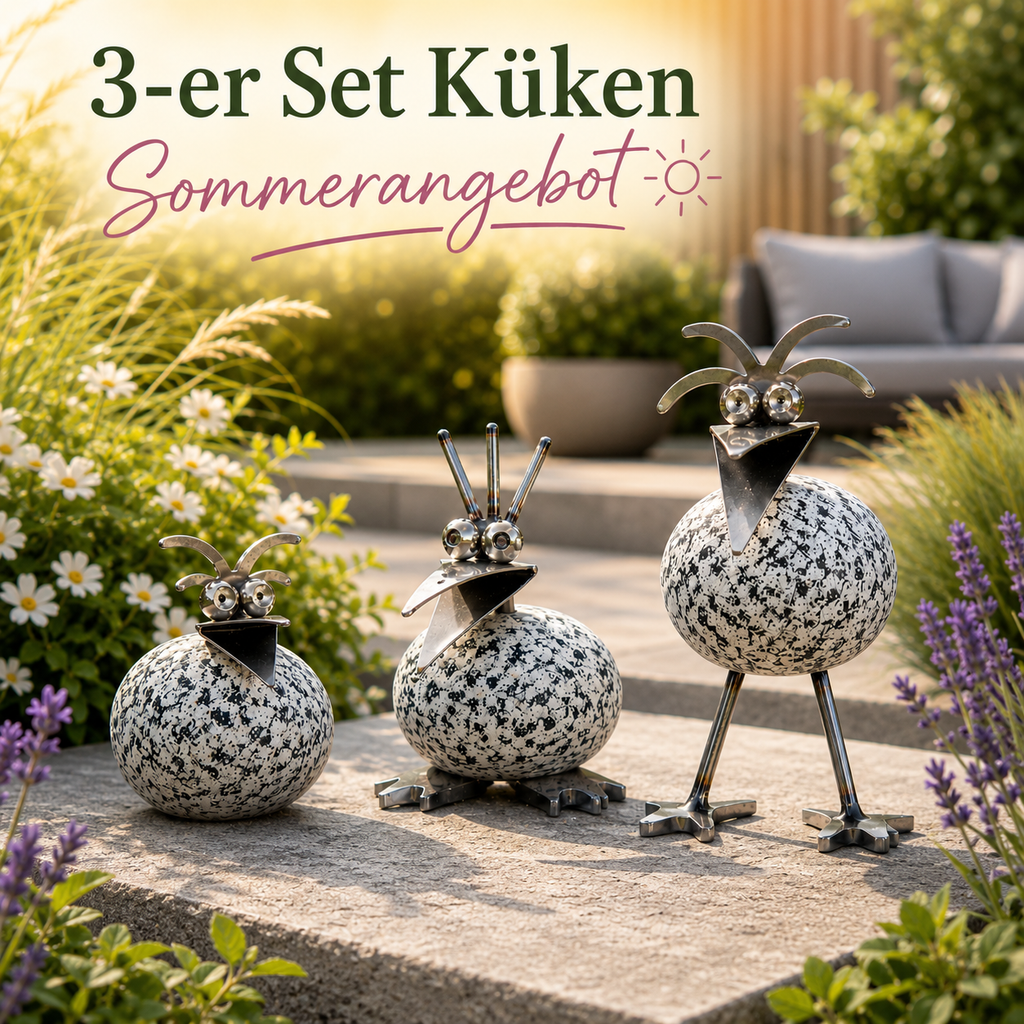 3er Set Steinvogel Küken aus Granit & Edelstahl – Sommerangebot