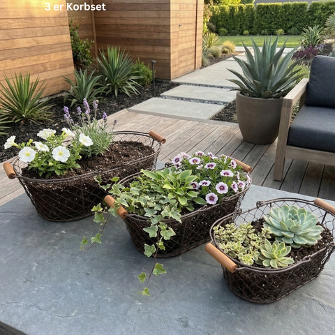 Pflanzkorb 3er Set Metall dunkelrostfarben – Gartendeko Pflanzkörbe
