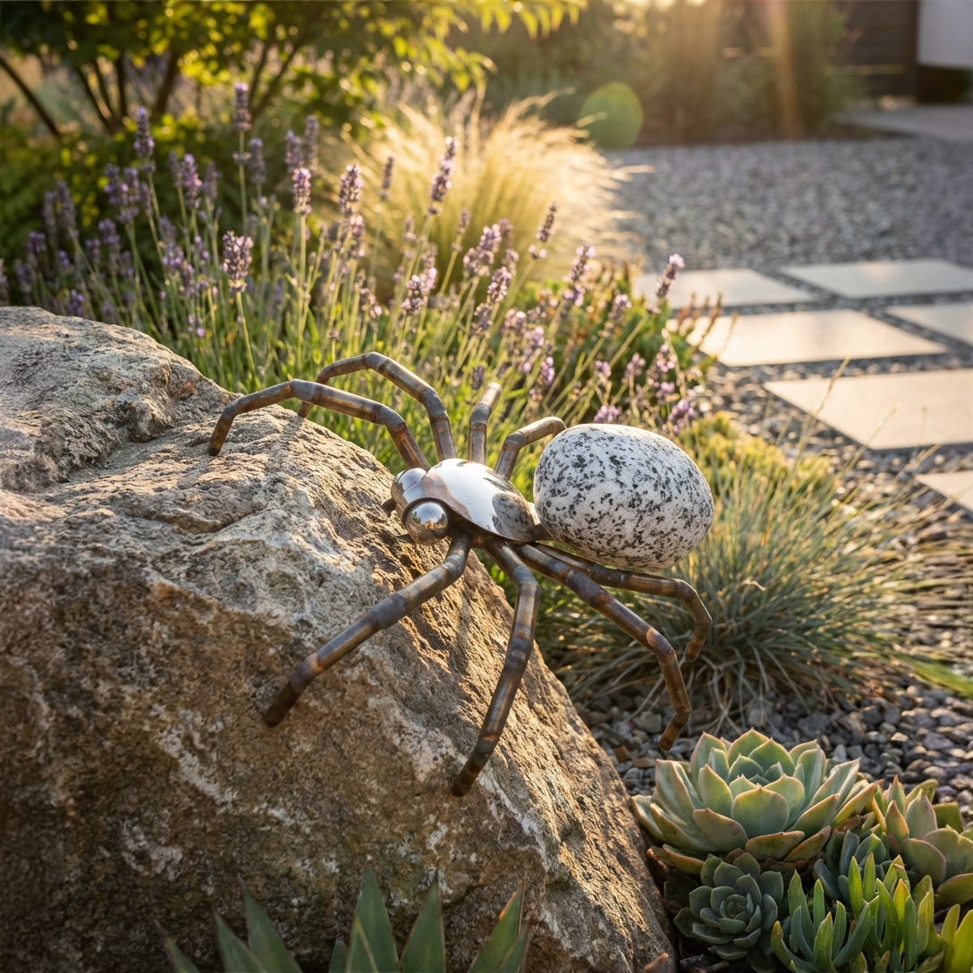Spinne aus Granit & Edelstahl – Gartendeko wahlweise in 14 oder 22 cm