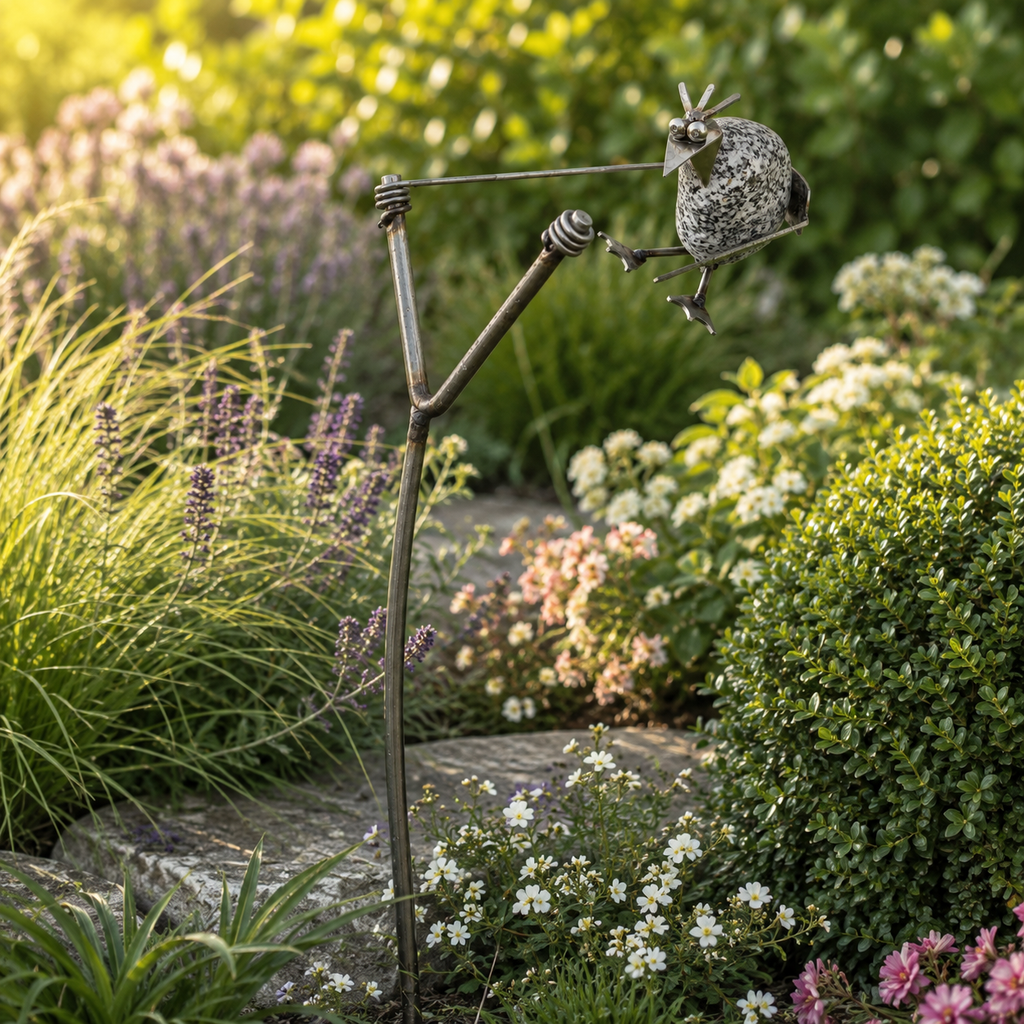Gartenstecker Schleuder mit Steinvogel aus Granit & Edelstahl ca. 100 cm