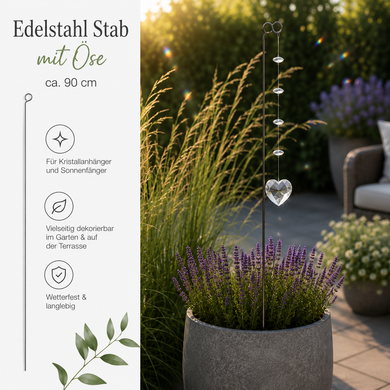 Edelstahl Gartenstab 90 cm für Kristallanhänger & Sonnenfänger