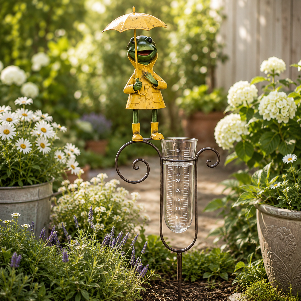 Regenmesser Frosch aus Metall Gartenstecker mit Glas Messzylinder