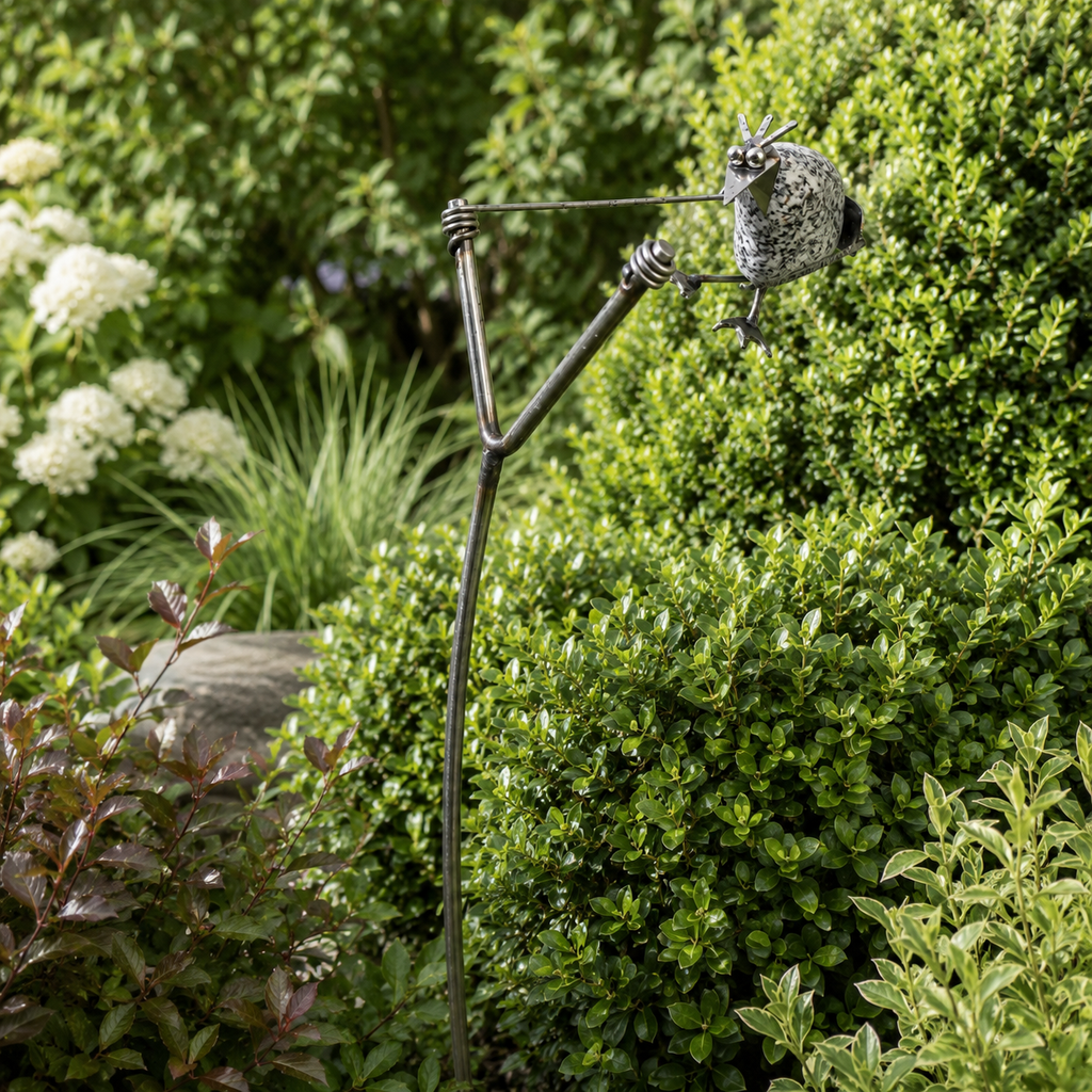 Gartenstecker Schleuder mit Steinvogel aus Granit & Edelstahl ca. 100 cm