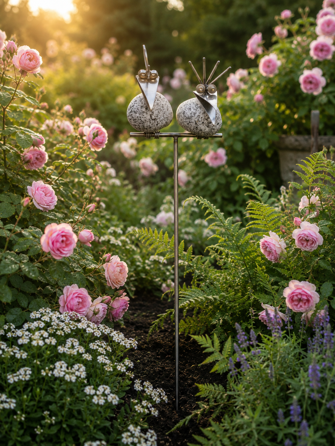 Gartenstecker Steinvögel aus Granit und Edelstahl Höhe 110 cm zur Wahl 1-6 Vögel