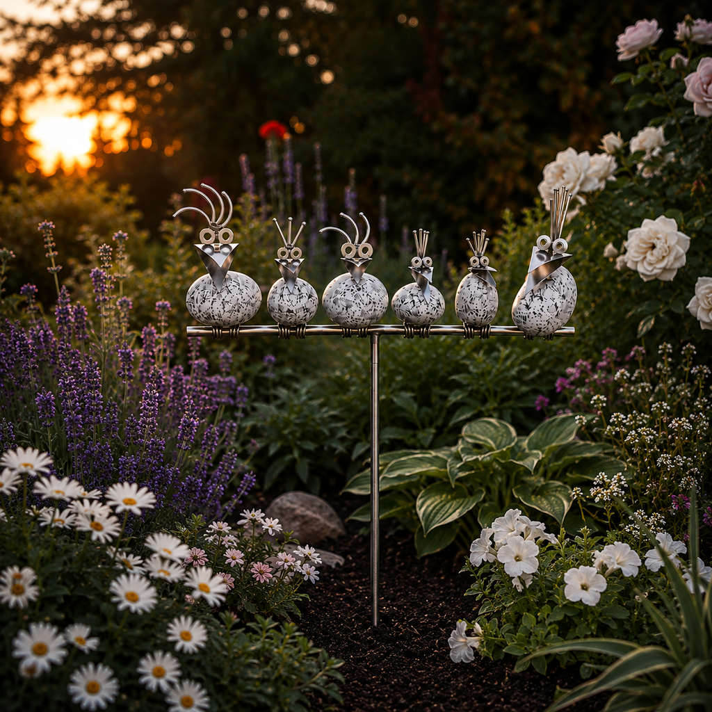 Gartenstecker Steinvögel aus Granit und Edelstahl Höhe 110 cm zur Wahl 1-6 Vögel
