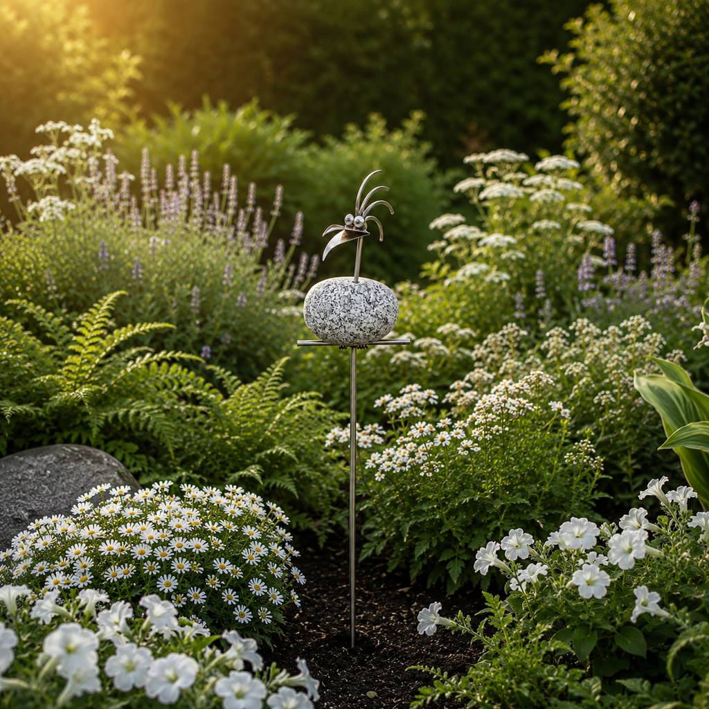 Gartenstecker Steinvögel aus Granit und Edelstahl Höhe 110 cm zur Wahl 1-6 Vögel