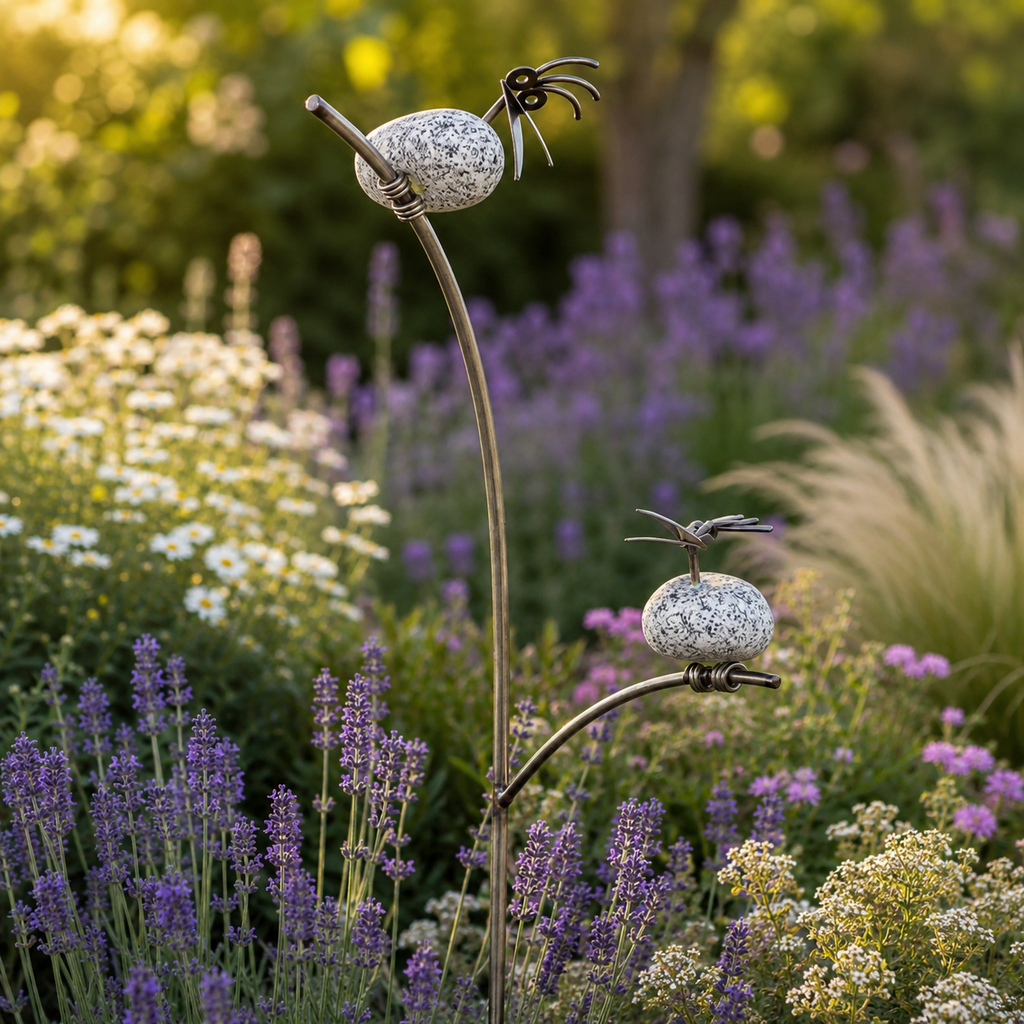 Gartenstecker Steinvogel Mama und Kind aus Granit und Edelstahl 90 cm wetterfest