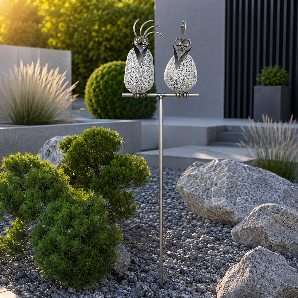 Gartenstecker Steinvögel aus Granit und Edelstahl Höhe 110 cm zur Wahl 1-6 Vögel