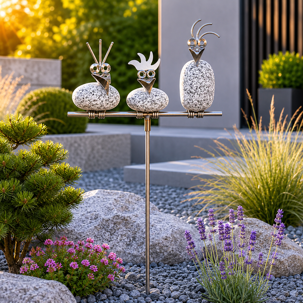 Gartenstecker Steinvögel aus Granit und Edelstahl Höhe 110 cm zur Wahl 1-6 Vögel