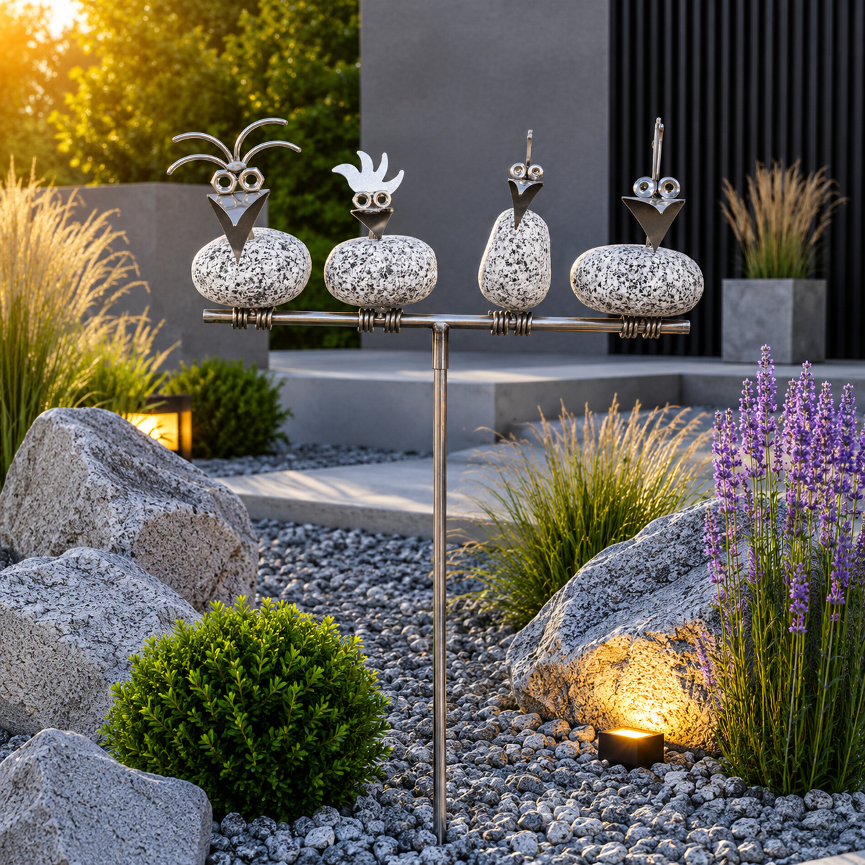 Gartenstecker Steinvögel aus Granit und Edelstahl Höhe 110 cm zur Wahl 1-6 Vögel
