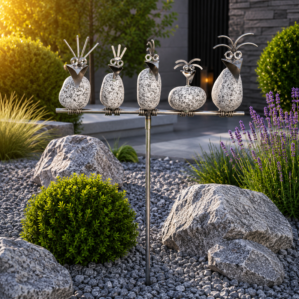 Gartenstecker Steinvögel aus Granit und Edelstahl Höhe 110 cm zur Wahl 1-6 Vögel