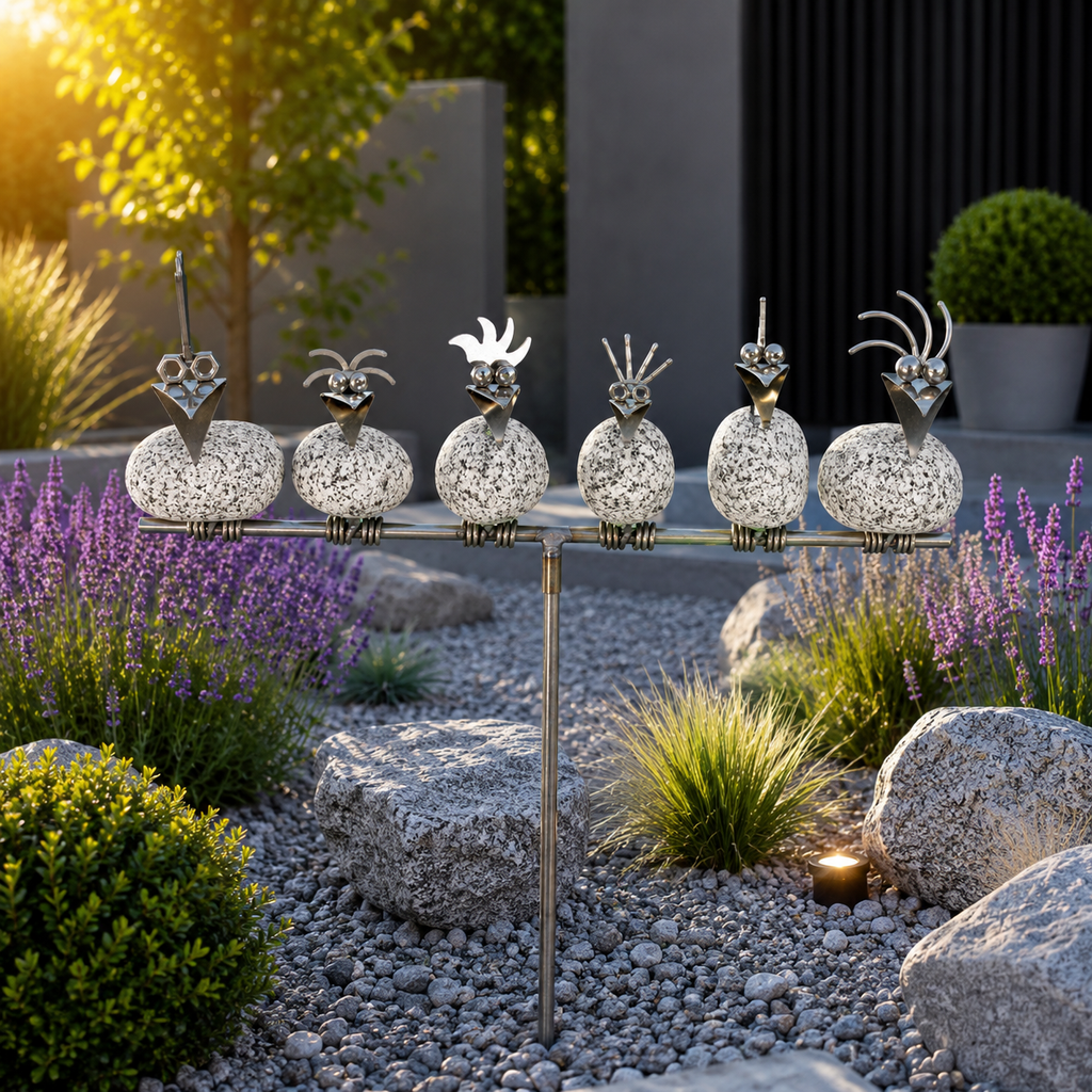 Gartenstecker Steinvögel aus Granit und Edelstahl Höhe 110 cm zur Wahl 1-6 Vögel