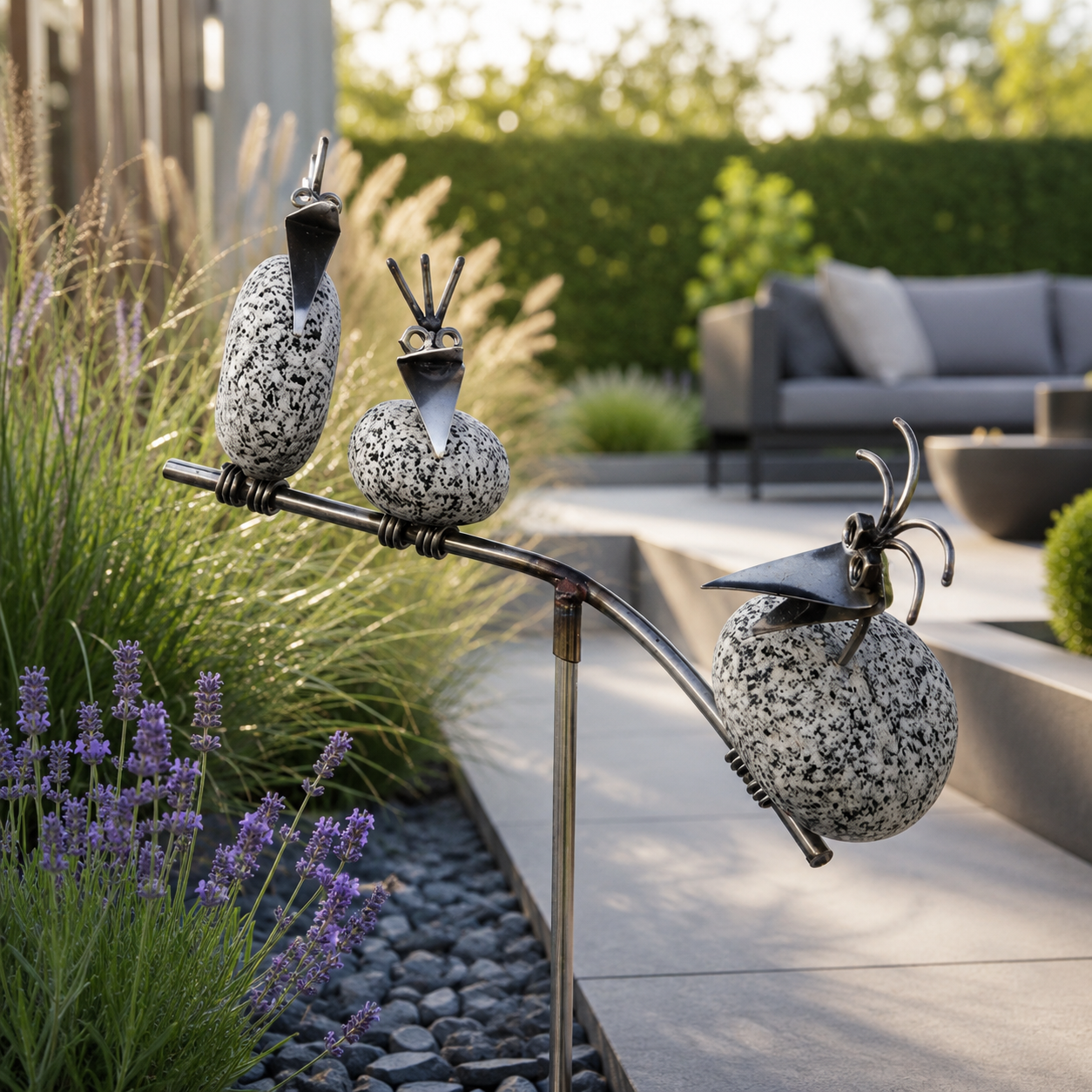 Gartenstecker Steinvogel Wippe mit 3 Steinvögel aus Granit und Edelstahl 110 cm
