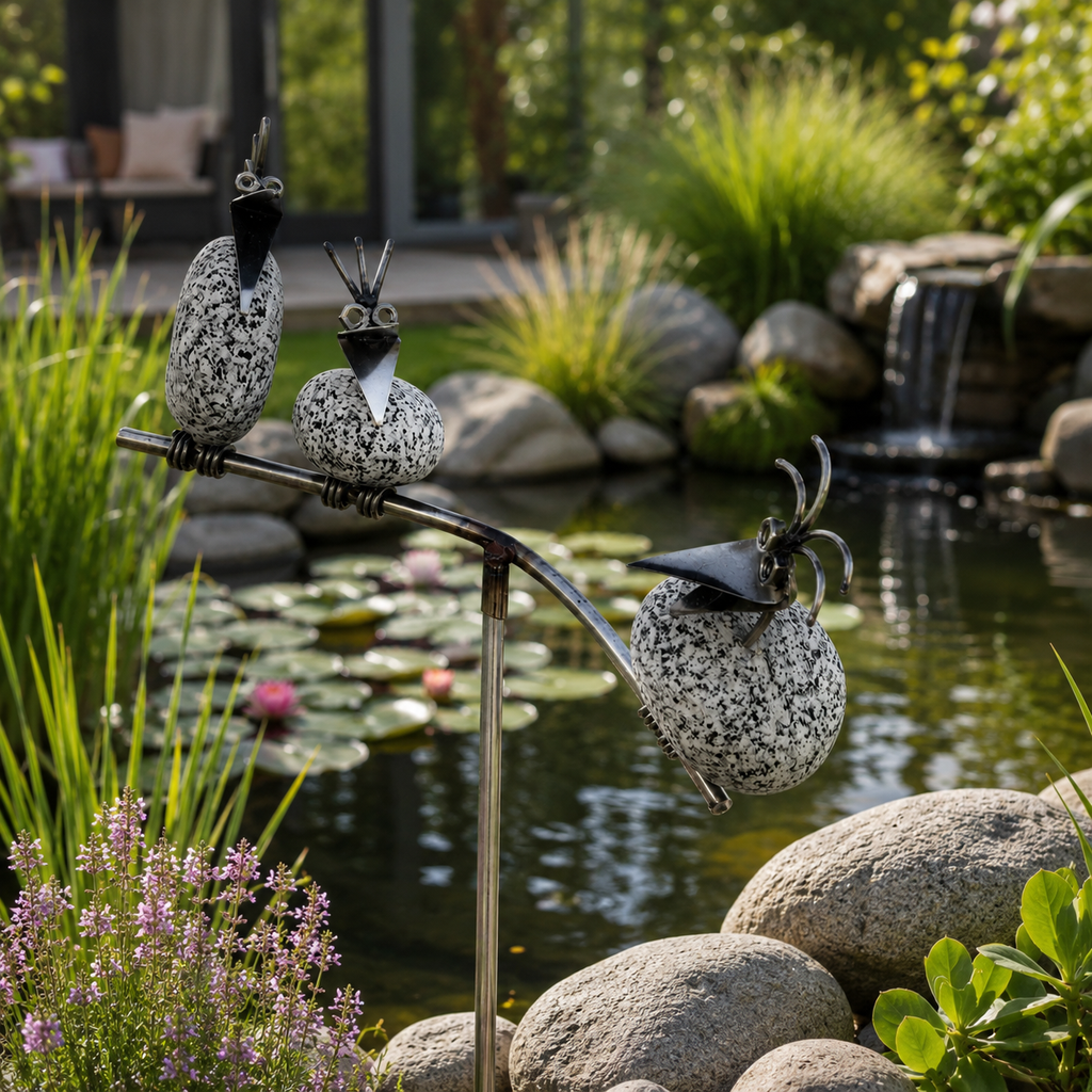 Gartenstecker Steinvogel Wippe mit 3 Steinvögel aus Granit und Edelstahl 110 cm