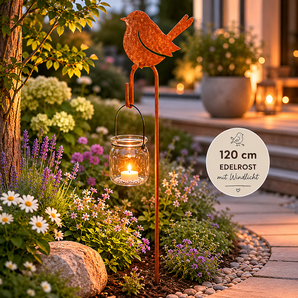 Edelrost Gartenstecker 120 cm mit Vogel & Glaswindlicht