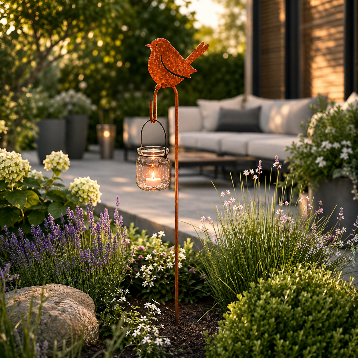 Edelrost Gartenstecker 120 cm mit Vogel & Glaswindlicht