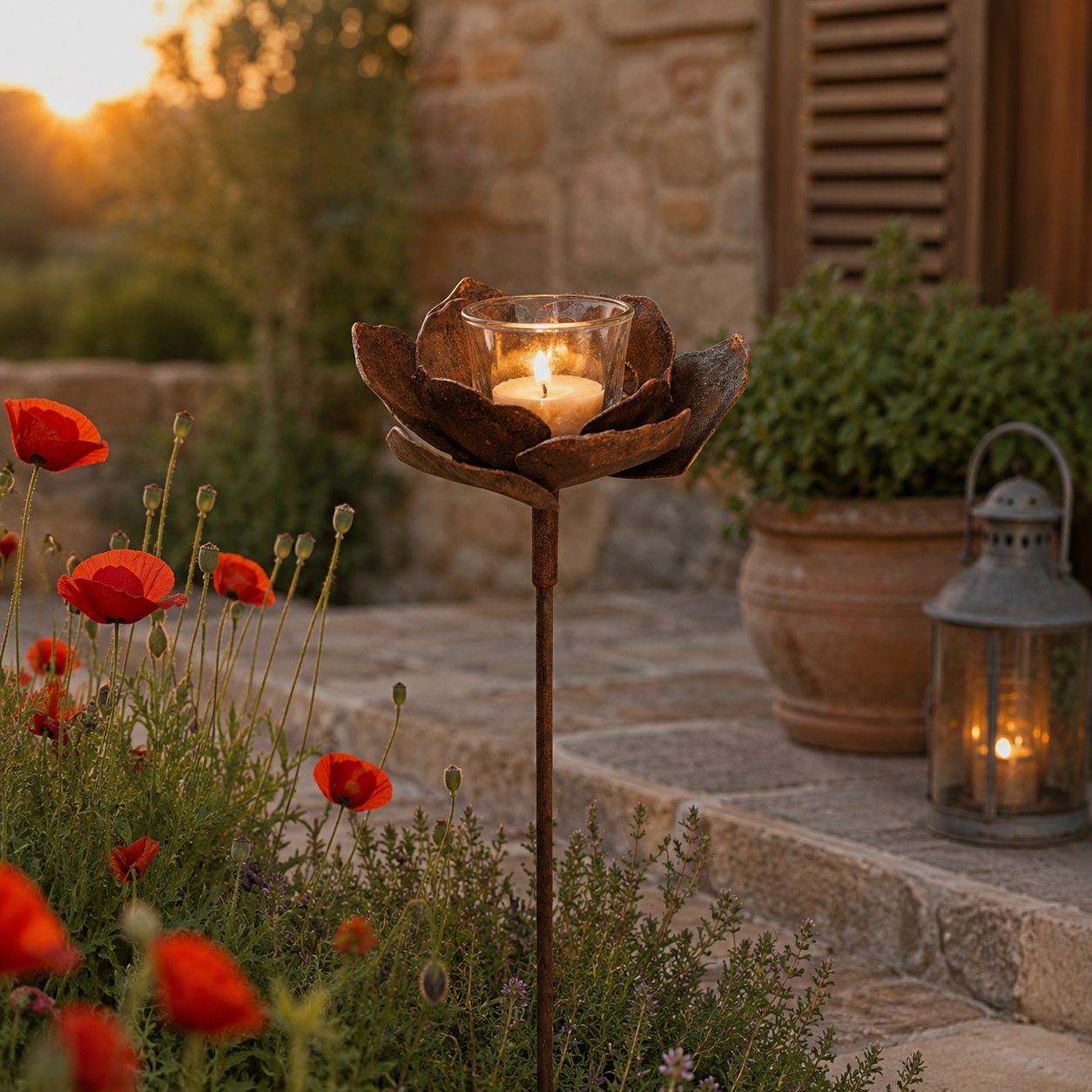 Edelrost Metall Gartenstecker Blume Ø 18 cm – Futter- & Dekoschale