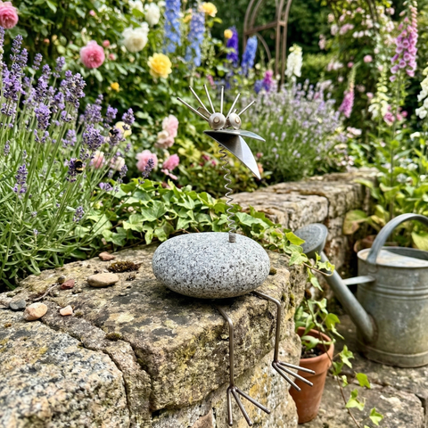Steinvogel Kantenhocker Wackelkopf aus Granit und Edelstahl Naturstein Deko