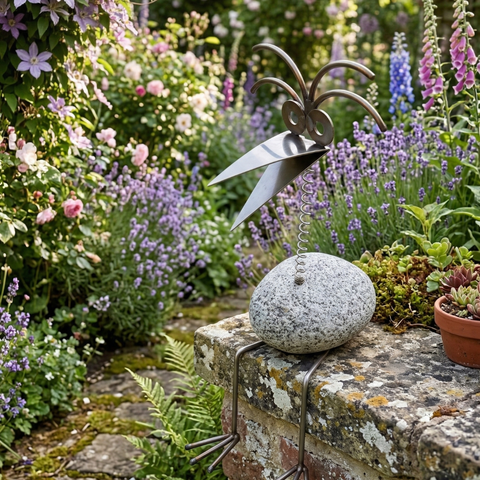 Steinvogel Kantenhocker Wackelkopf aus Granit und Edelstahl Naturstein Deko