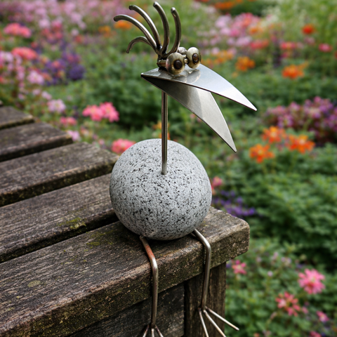 Steinvogel Kantenhocker aus Granit und Edelstahl Naturstein Deko