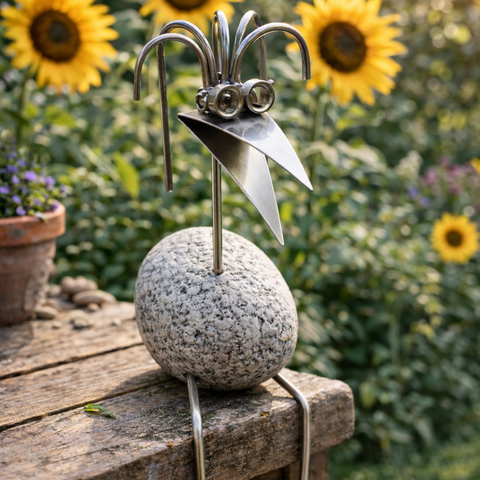 Steinvogel Kantenhocker Fontänenkopf aus Granit und Edelstahl Naturstein Deko