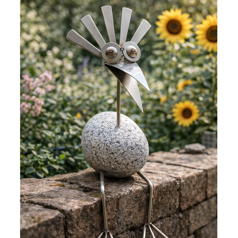 Steinvogel Kantenhocker Lustiger Fächerkopf aus Granit und Edelstahl Naturstein  Deko