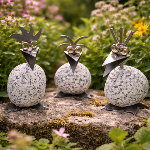 Steinvogel Küken aus Granit und Edelstahl Naturstein Deko