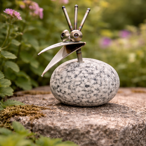 Steinvogel Küken ca. 10 cm aus Granit und Edelstahl  Naturstein Deko