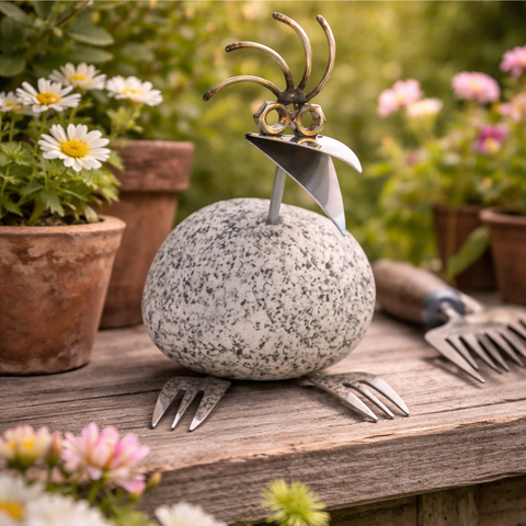 Steinvogel aus Granit und Edelstahl mit Gabel-Füßen Naturstein Deko