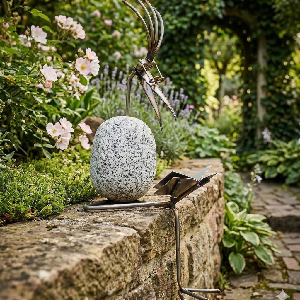Kantenhocker mit Buch ca. 35 cm aus Granit und Edelstahl Naturstein Deko