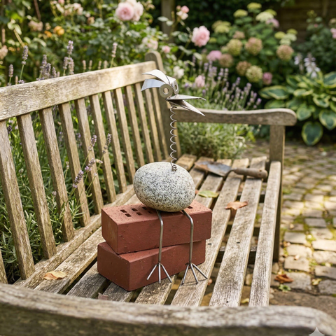 Steinvogel Kantenhocker mit Wackelhals aus Granit und Edelstahl Naturstein